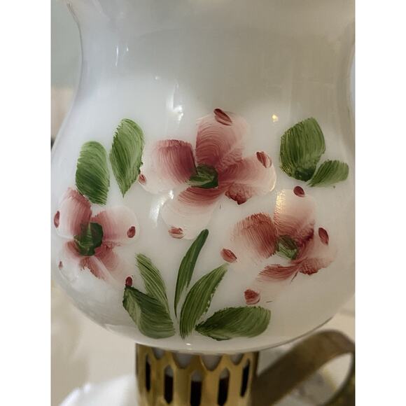 Vintage Milk Glass Hurricane Parlor Hand Painted Floral Lamp Scallop Base Style - Picture 7 of 16
